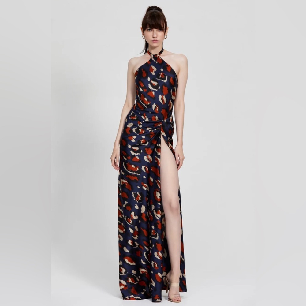 Lexi Sheena Halter Maxi Dress Navy Leopard Print Thigh Slit‎ Size US 6 / AU 10